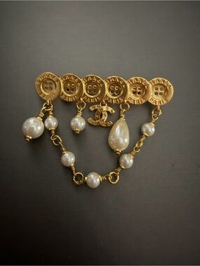 Gold-Tone Button & Pearl Drop Brooch - Gold & White Pearls